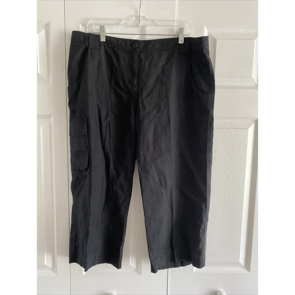 Eileen Fisher Cargo Capri Pants Womens Size L Black Organic Linen Crop Utility
